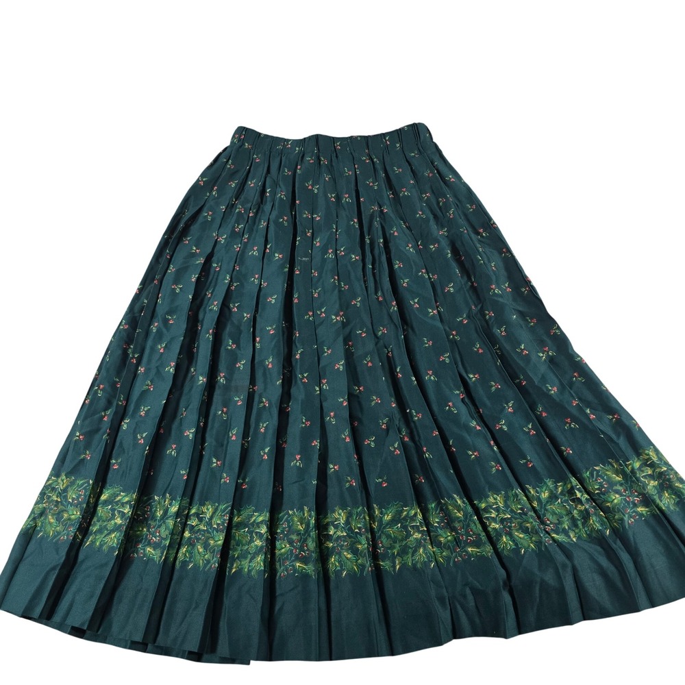 Susan Bristol New Traditions Green Holly Print Pleated Midi Skirt Petites 12